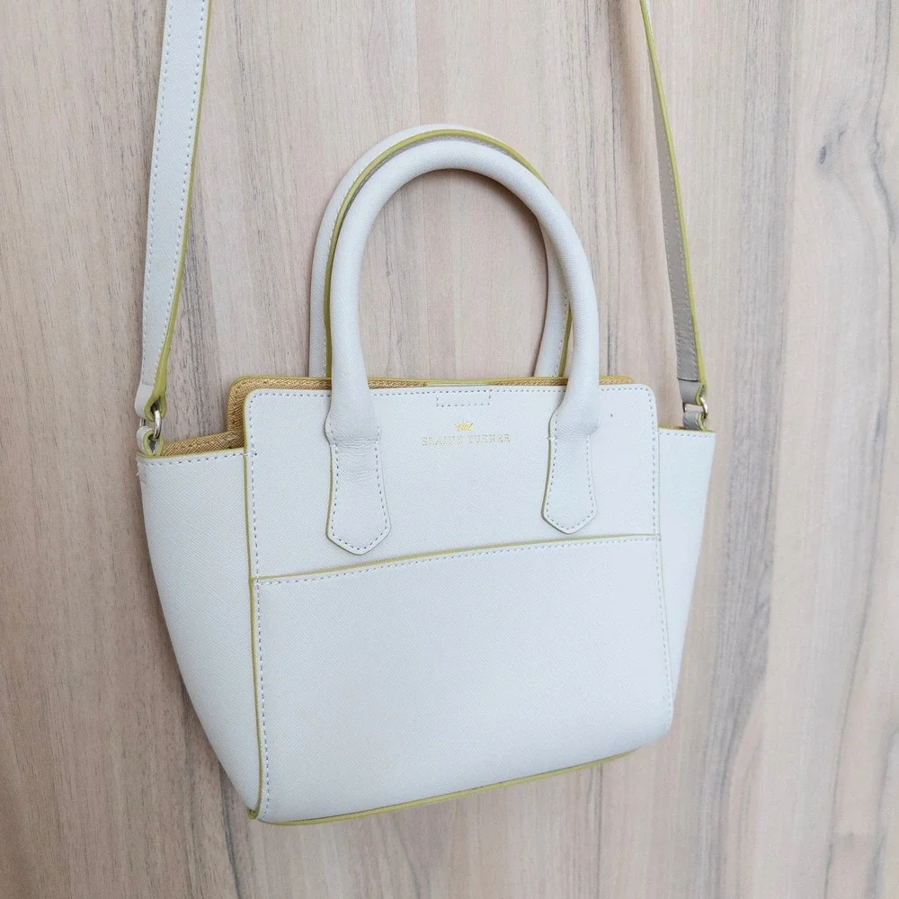 Elaine Turner Womens Handbag Small White Saffiano Leather Crossbody‎ Tote Preppy